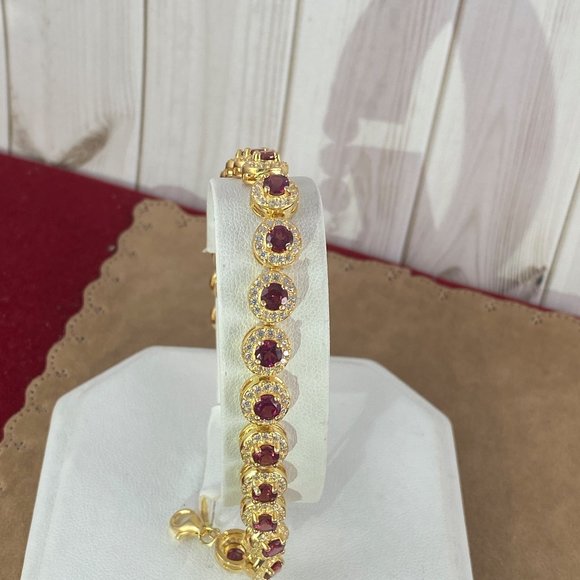 NEW Rhodolite 20 4MM Garnet with CZ Halo Settings 925 Gold Vermeil Bracelet - Picture 1 of 9
